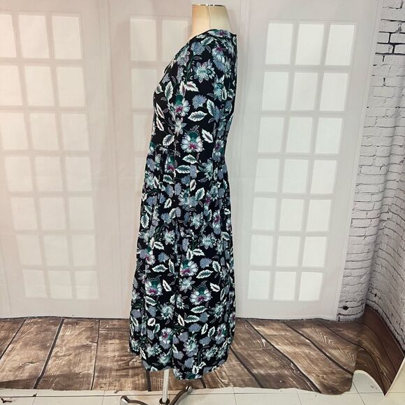 Loft Long Puff Sleeve Front Slit Floral V-Neck Midi Dress Size 8 - Picture 7 of 10